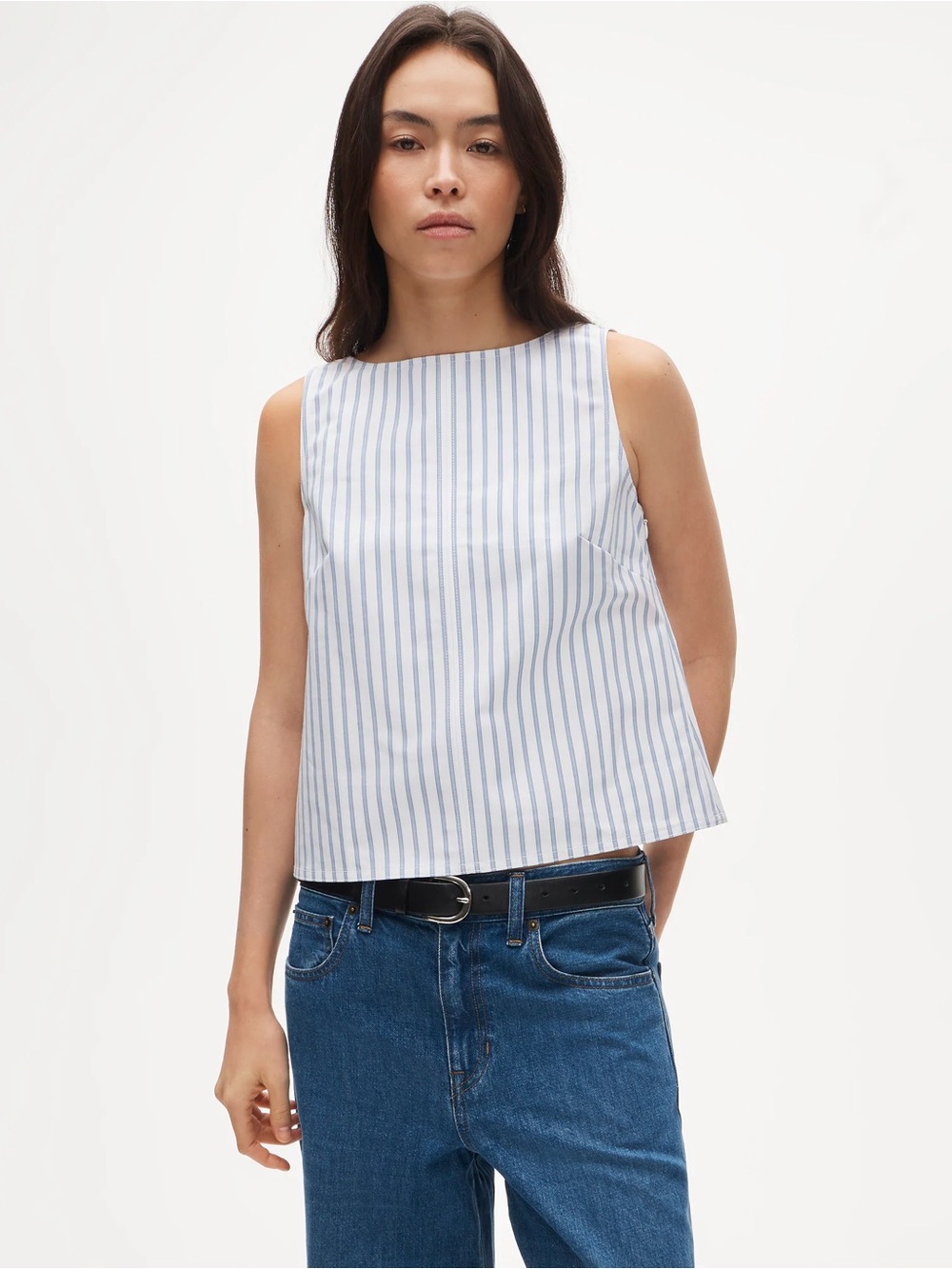 J.Crew NWT Shell top in gingham double cotton poplin 6 White Blue V Back